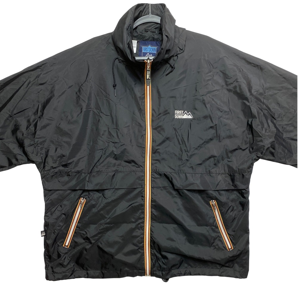 First Down Jacket Mens Large Black 391300 Striped Zip Windbreaker 90s